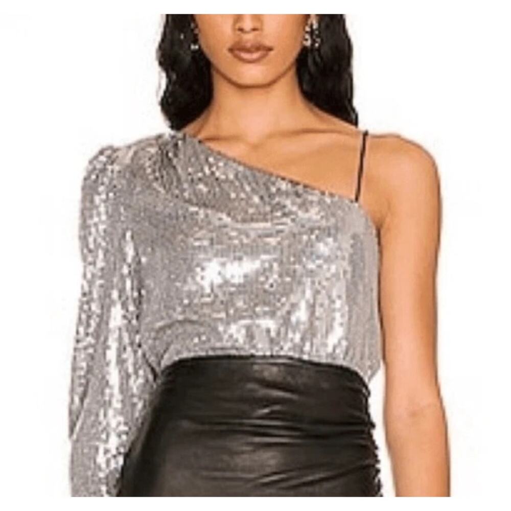 New Alice + Olivia Lucinda Women's XS‎ Silver Sequin Asymmetric One Shoulder Top